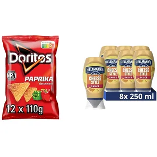 Doritos Paprika -Tortilla Nachos mit Paprika Geschmack - Herzhafter Snack zum Knabbern aus Mais (12 x 110g) Hellmann's Cheese Style Sauce Grillsauce perfekt zu Burger und Nachos 8x 250ml