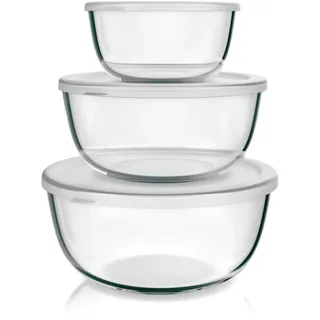 Arendo - Salatschüssel aus Glas mit Deckel - Glasschüssel 3er Set - 1100ml + 2700ml + 4400ml – Rührschüsseln klein bis groß – Borosilikatglas - Glasschale Salatglasschale