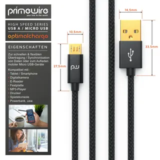 Primewire Premium Micro USB 2,4A Schnellladekabel - Nylonkabel Metallstecker - High Speed Ladekabel / Datenkabel - 3m