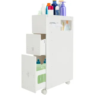 Badschrank Schmal, Nischenregal 19.5cm breit, Toilettenschrank auf Rollen, mit 2 Schubladen, 1 Offenen Fächern und Taschentuchbox, Mehrzweckschrank, Seitenschrank für Küche Badezimmer 44x19.5x74cm