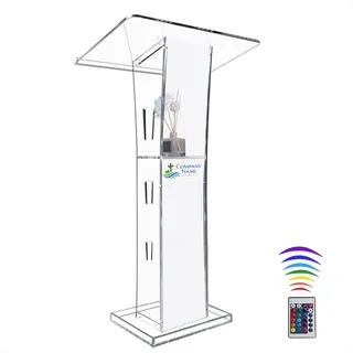 Acryl Klar Stehpulte Logo&Text, 43" Transparente Kanzel für Kirchen mit Ablagefach, Modernes Rednerpult mit 15 Farben einstellbar für Klassenzimmer, Konferenz, Hochzeit (23.62 "x 15.75 "X 43.3")