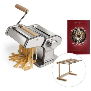 Springlane Manuelle Nudelmaschine Nonna, Edelstahl, Pastamaker inkl. Rezeptheft, Nudeltrockner & 3 Schneideaufsätze für Spaghetti, Lasagne, Tagliatelle - Silber