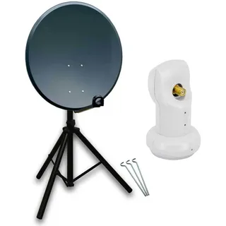 PremiumX Camping Satelliten-Komplettanlage 80cm Satellitenschüssel Aluminium SAT Single LNB Tripod Dreibein-Stativ 3x Heringe