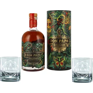 Geschenkset 2 Gläser + 1 Flasche Rum, personalisierte lasergravierte Geschenkidee mit persönlicher Note, gravierte Rumgläser, Geschenkbox (mit Don Papa Masskara 40% Vol, Glas 200ml Limited Rum)