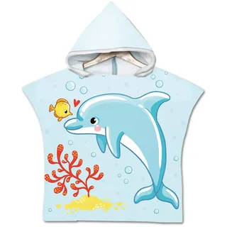 Badeponcho Strandtuch mit Kapuze für Kinder, Treer Cartoon Mikrofaser Bademantel Badetuch Schnelltrocknen Wechselkleider Poncho Handtuch Für Kinder Jungen Mädchen (60X60cm,Blauer Delphin)