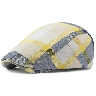 Wanssy® Herren Schiebermütze Flatcap Schirmmütze 100% Leinen mit Baumwollfutter Karo Muster (DE/NL/SE/PL, Alphanumerisch, Einheitsgröße, Gelb) - Einheitsgröße