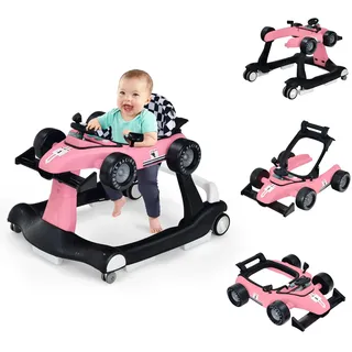 FANTASK 4 in 1 Lauflernhilfe mit einstellbarer Höhe & Geschwindigkeit, Baby Walker mit Musikbox, Licht & Rädern, Gehfrei Baby ab 6 Monaten, 12kg Belastbar (Pink)