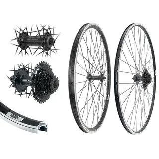 AGGRO-X 26 Zoll Laufradsatz Alu Vorderrad Hinterrad 19-559 schwarz V-Brake TX500 / TX506 Felgenbremse inkl. 8 Fach Zahnkranz Kassette 24 Gang