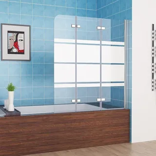 MIQU Duschwand für Badewanne 120x140 cm 3-teilig Faltbar Duschtrennwand Glas Duschabtrennung mit Weiße Streifenmuster & Milchglas, Dusche
