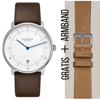 STERNGLAS - NAOS - weiß - silber - premium dunkelbraun / 38MM + gratis Armband Premium hellbraun