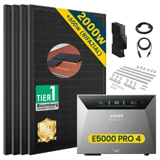solarmars Balkonkraftwerk monokristallin 2000 W inkl. Anker Solix Solarbank 4 E5000 Pro 500 W