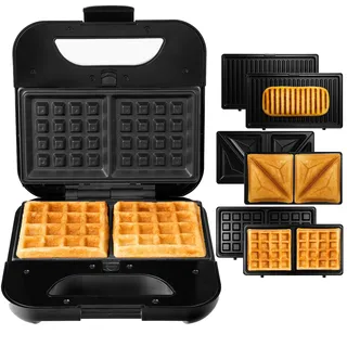 LEHMANN Sandwichmaker 3 in 1, Multifunktionsgerät mit austauschbaren Platten - Waffeleisen, Kontaktgrill, Sandwichtoaster, Antihaftbeschichtete, Schnelle Zubereitung für Sandwiches, Waffeln, Paninis