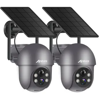 ANRAN 2K Solar Überwachungskamera Aussen Wi-Fi,360°PTZ Schwenkbar | Aussenkamera Akku,Farbnachtsicht, 2-Wege-Audio,PIR Bewegungserkennung mit Sirenenalarm,IP66 Wasserdicht, Alexa, 2pcs