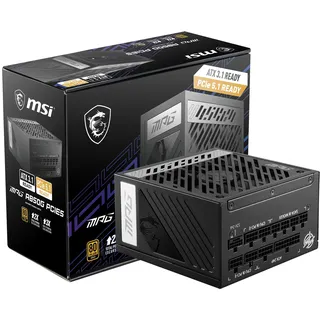 MSI MPG A850G PCIE5 Netzteil, EU Stecker - 850W, 80 Plus Gold Zertifiziert, vollmodularer ATX 3.0, unterstützt PCIe 5.0 GPU, japanische 105°C Kondensatoren, 0% RPM Modus, Flachkabel