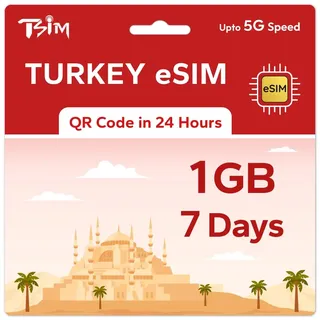 TSIM Prepaid Türkei eSIM für Reisen | 07 Tage 1GB 5G Geschwindigkeit | Hotspot erlaubt | eSIM QR-Code per E-Mail innerhalb von 24 Stunden nach Versand gesendet | QR-Code scannen und sofort verwenden |
