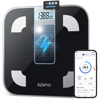 RENPHO Personenwaage Digital, Personenwaage ohne batterie, Solarbetriebene Waage, Unbegrenzte Energie, Körperfettwaage mit Smart App, Waage Personen mit 50g Genauigkeit, 180kg, Elis Solar 1