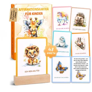Giftota Affirmationskarten für Kinder - 48 Affirmationskarten inkl. Kartenständer aus Holz - Positive Positive Affirmationen für für Selbstbewusstsein, Mut und Lebensfreude - Süße Tier Stil