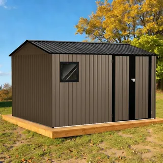 HOMAVO Gerätehaus Metall mit Pultdach, Gartenhaus Metall mit Fundament, 310 × 246 × 202 cm, ideal für Garten, Terrasse oder Rasen - Braun