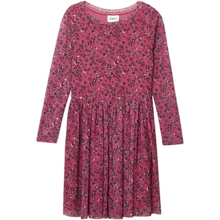 Meshkleid S.OLIVER JUNIOR, Mädchen, Gr. 116, N-Gr, berry aop, Web, Obermaterial: 92% Polyester, 8% Elasthan. Futter: 95% Viskose, 5% Elasthan, normal knielang, Rundhals, Kleider, mit floralem Muster, langarm, für Girls