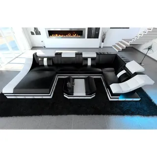 Sofa Dreams Wohnlandschaft Ledersofa Ledercouch Turino U Form Leder Sofa, Couch, Ottomane, USB, LED-Beleuchtung, Optionaler Schlaffunktion schwarz