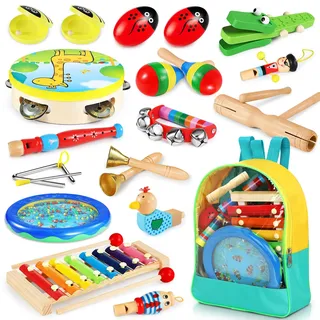Jojoin Musikinstrumente für Kinder ab 3 Jahre - 24 Stück Instruments Percussion Holzspielzeug - Baby Kinder Montessori Spielzeug - Xylophon Trommel Kinderspielzeug Geschenke für Kleinkinder
