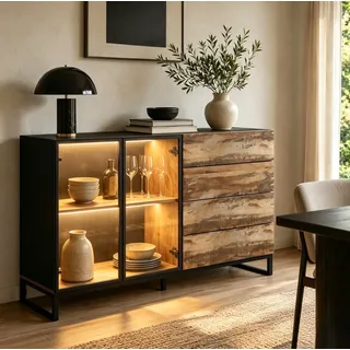 FUFU&GAGA Sideboard Highboard 160cm Vitrine mit LED, Glasvitrine Sideboard, Holz schwarz 160 cm x 95 cm x 41 cm