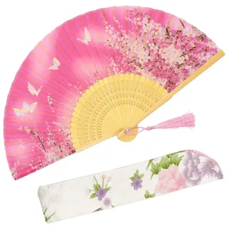 With a Fabric SleeveOMyTea „Sakura“ japanischer bzw. Chinesischer Handfächer mit Seide und Bambusrahmen und einer Stoffhülle zum Schutz des Fächer selbst, Textil, WZS-3