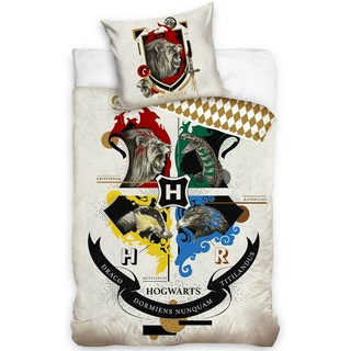 BERONAGE Harry Potter Wende-Bettwäsche Houses 135 x 200 + 80 x 80 cm 100% Baumwolle Renforcé-Linon-Qualität HP Slytherin Gryffindor Hufflepuff Ravenclaw Hogwarts mit Reißverschluss deutsche Größe 147