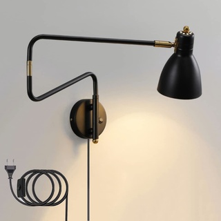 Innen Wandleuchte mit Schalter Vintage Verstellbare Schlafzimmer Nachttisch-Wandlampe, Wohnzimmer Wand-Leselampe, 1.8m Kabel mit Stecker, 360° Drehbare Metall Langer Arm Retro E27 Wandspot,Schwarz