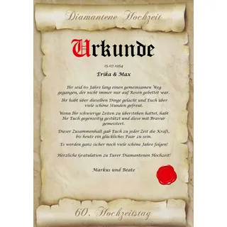 Diamantene Hochzeit Urkunde zum 60. Hochzeitstag - personalisiert XL Diamanthochzeit Geschenk Karte mit Name Datum persönliche Geschenkidee A4