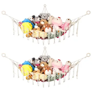 WUFANC 2er-Pack Kuscheltier Aufbewahrung Netz, Boho Makramee Stofftier Aufbewahrung Hängend Spielzeug Organizer für Kinderzimmer Deko - Netz für Kuscheltiere Einfach Organisieren und Aufbewahren
