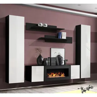 JVmoebel Wohnwand Moderne Wohnkombination in Schwarz mit Sideboard und Regal, (6-St., 1x Wohnwand+1x Sideboard Mit Kamin+2x Wandschrank+2x Wandregal), Made in Europa schwarz