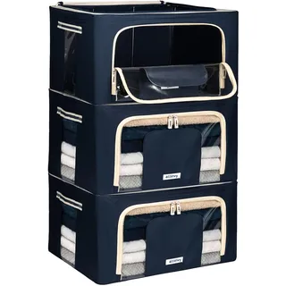 4CONVY Kleideraufbewahrung Kleiderschrank Box mit Reißverschluss Metallrahmen - große faltbare stapelbare Aufbewahrungsbox -3x24L Aufbewahrungstaschen - Kleiderbox für Bettdecke Kleidung Aufbewahrung