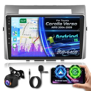 【2G+64G】 Autoradio für Toyota Corolla Verso AR10 2004-2009 mit Wireless Carplay & Android Auto, 9 Zoll Autoradio mit WiFi/GPS/Bluetooth 5.1/FM Radio/DPS Hi-Res