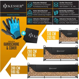 Kesser Kaminholzregal 260 x 36 x 117 cm schwarz inkl. Abdeckung + Handschuhe