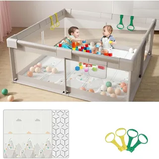 cafolatt Baby mit Matte 150x150 cm, Laufstall Baby mit Matratze, Sicher und Geräumig für die Wohnung, Rutschfeste Basis, Atmungsaktives Netzdes... - Grau