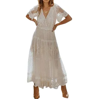 Minetom Damen Kurzarm V-Ausschnitt Retro Sommer Spitzen Strandkleid Maxi Kleider Boho Lang Lose Sommerkleid J Weiß 44 - 44