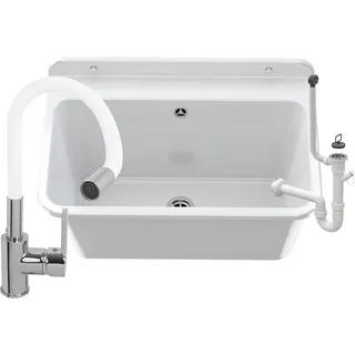 GRANITAN Ausgussbecken für Garage Keller Werkstatt und Waschküche, Universal Waschtrog mit Siphon, Waschbecken Wandmontage, Modell 3, Weiß - Weiß