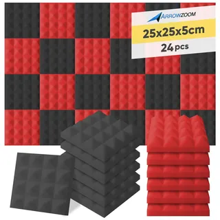 Super Dash Akustische Pyramidenschaumstoff-Schalldämmplatten für das Studio zu Hause, 25 x 25 x 5 cm, 24 Stück, SD1034, rot / schwarz, 25 x 25 x 5 cm