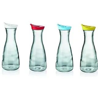 Karaffe aus Glas mit Deckel, verschiedenfarbig (weiß, rot, blau oder gelb) - Inhalt: 1 Liter, Höhe: 24,5 cm, Ø oben/unten: 6,7/10 cm (Weiß)