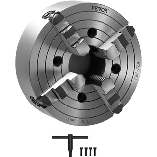 Vevor 4-Backen-Drehfutter, 250 mm, Spannfutter, 15-250 mm Spannbereich mit T-Schlüssel-Befestigungsschrauben, umkehrbare Backen, HT300-Material, für Holz-Metall-Drehmaschine