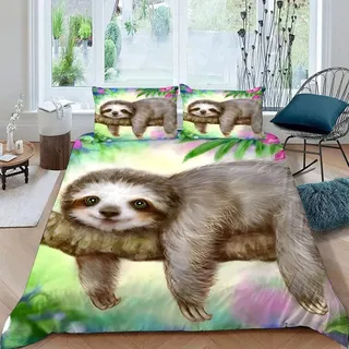 ALABOW Kawaii Faultier Bettwäsche Set 135x200 cm 2teilig mit Reißverschluss Weiche und Angenehme Schlafkomfort Microfaser Bettbezug Blumen Kinderbettwäsche mit Kissenbezug 80x80