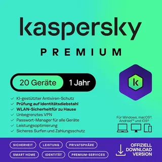 Kaspersky Premium Total Security 2026 | 20 Geräte | VPN | Passwort Manager |Safe Kids