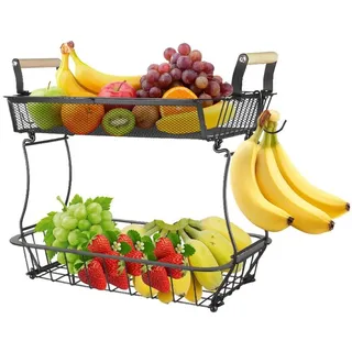 JEOBEST Obstschale Obst Etagere mit 2 Bananenaufhängern, Obst-Gemüsekorb, (1-tlg), Schüssel für Küche Metall, für Obst, 2 Stöckig schwarz
