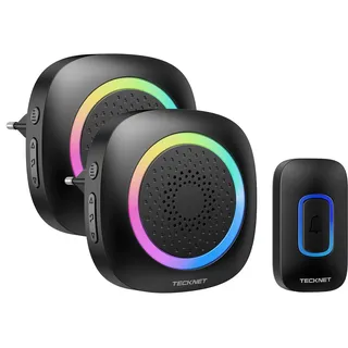 TECKNET Funkklingel, 400M Funk Reichweite Türklingel Set mit RGB Licht, IP66 Aussen Wasserdicht Haustür Klingel mit 2 Plug-in Empfänger, 60 Klingeltönen, 5 Lautstärke Stufen und LED-Blinken