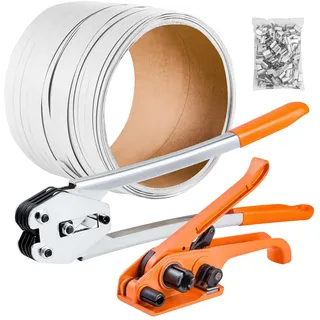 Vevor 4 tlg. Umreifungsset mit Umreifungsband, Manuelle Umreifungsgerät mit 100 m PET Band, 100 Metallklammern & Schneider, Ideale Werkstattausstattung für industrielle Verpackung, Transport & Lager