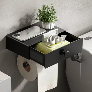 VOLDRA Toilettenpapierhalter Ohne Bohren, Klopapierhalter Mit Feuchttücherbox Klorollenhalter mit Schublade Ablage Papier Halterung für Wc & Bad-Wandhalterung(Matt-schwarz)
