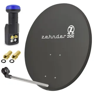 Zehnder 80cm Spiegel Schüssel Stahl + Twin LNB | 2 Teilnehmer SAT Anlage HD Digital Set anthrazit | DVB-S/S2 Full HDTV 3D 4K Ultra HD UHD Empfang