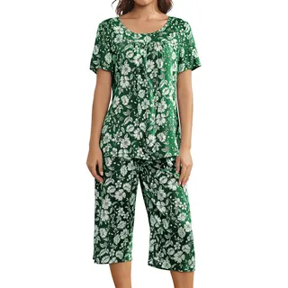 Muwodkdn Schlafanzug Damen Sommer Kurzarm T Shirt und Lang Schlafanzughosen Rundhalsausschnitt Nachtwäsche Set Grün L - L