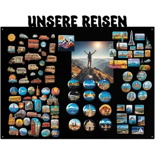Anwicar Magnettafel Unsere Reisen - Horizontal 55x80 cm magnetische Pinnwand aus Stahl - ideal für Reise - Magnete und Erinnerungen - beschreibbare Magnettafel - inkl.Montageset - Schwarz